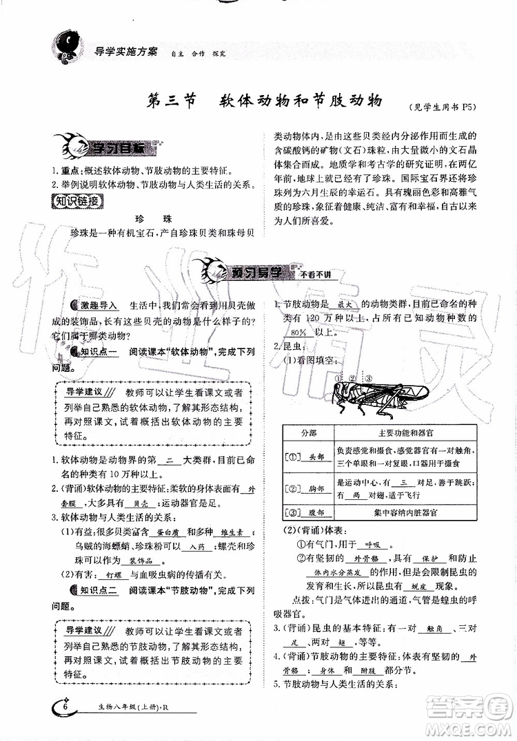 金太陽教育2019年金太陽導(dǎo)學(xué)案生物八年級(jí)上冊(cè)創(chuàng)新版參考答案