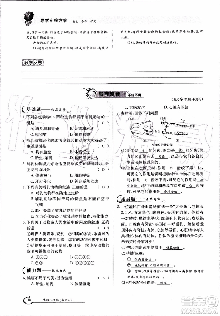 金太陽教育2019年金太陽導(dǎo)學(xué)案生物八年級(jí)上冊(cè)創(chuàng)新版參考答案