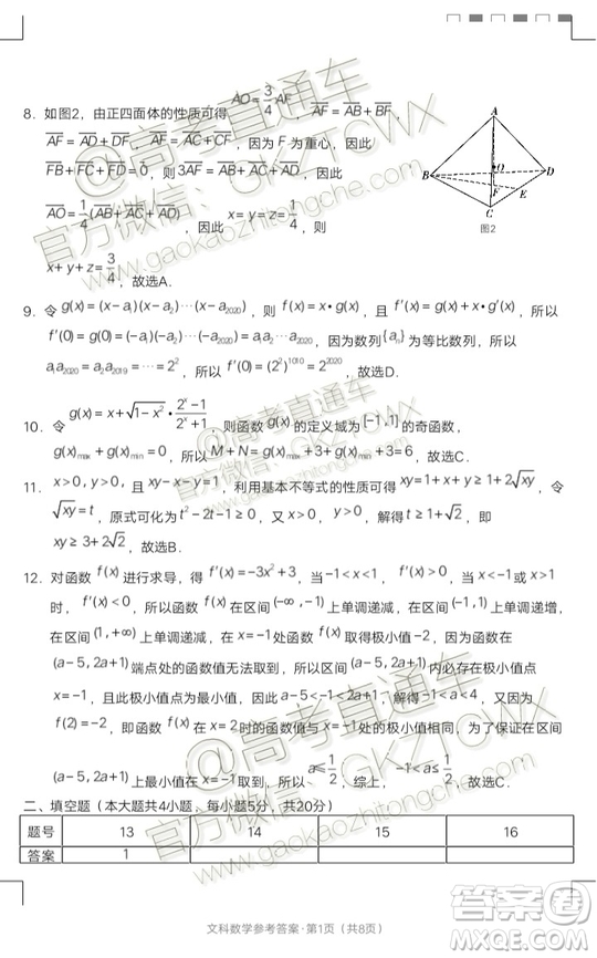 2020屆貴陽一中高考適應性月考二文理數試題及參考答案
