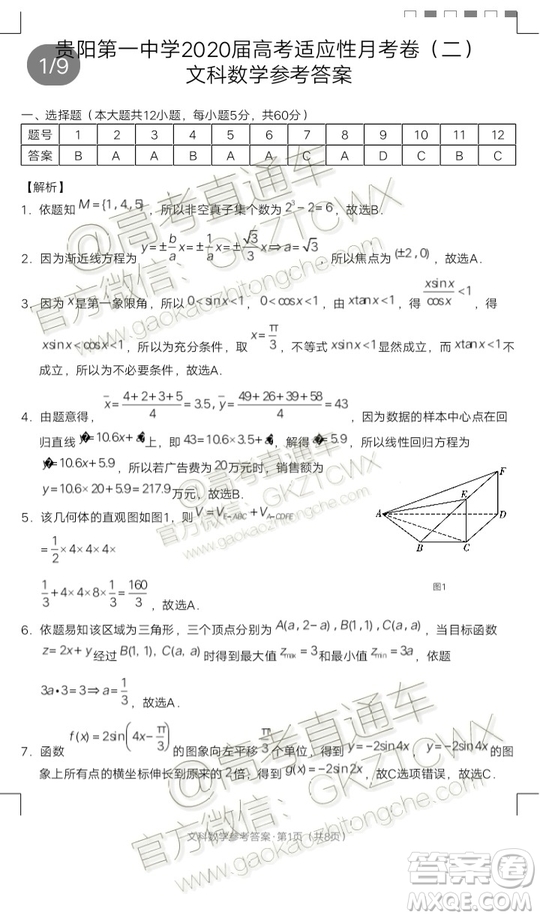 2020屆貴陽一中高考適應性月考二文理數試題及參考答案