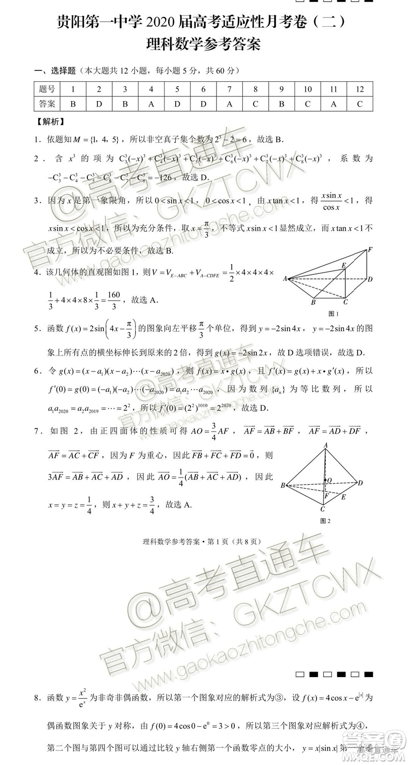 2020屆貴陽一中高考適應性月考二文理數試題及參考答案