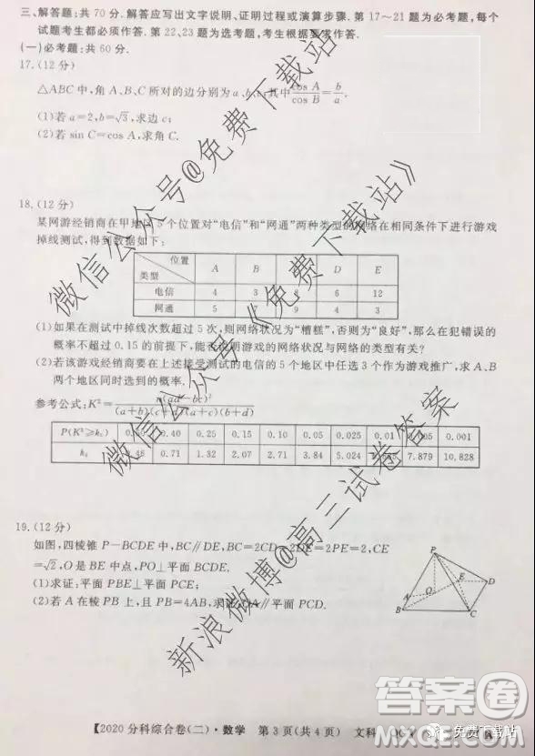 2020屆全國高考3+3分科綜合卷二文科數(shù)學試題及參考答案