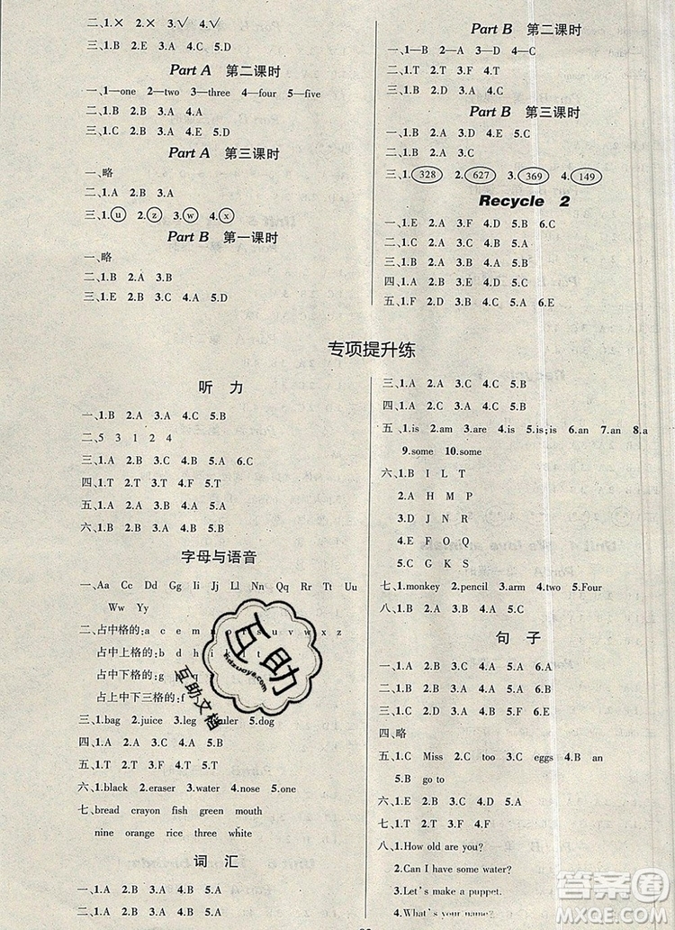 2019年秋新版創(chuàng)優(yōu)作業(yè)100分導(dǎo)學案三年級英語上冊人教版答案