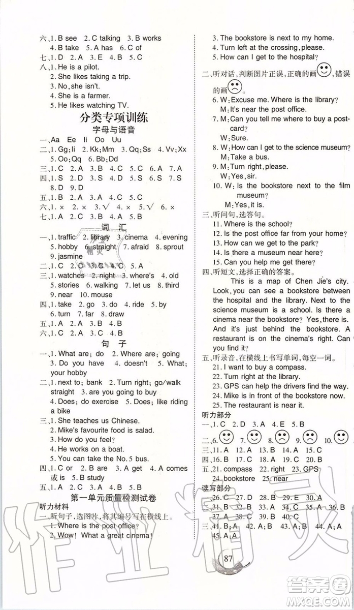 2019年名師三導(dǎo)學(xué)練考英語六年級上冊人教版參考答案