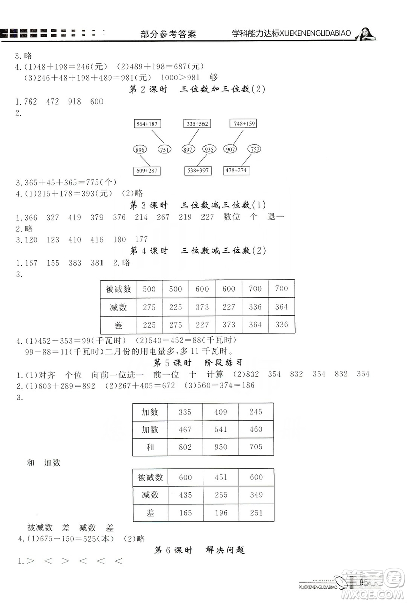 花山小狀元2019學(xué)習(xí)力提升達(dá)標(biāo)三年級(jí)數(shù)學(xué)上冊(cè)人教版答案