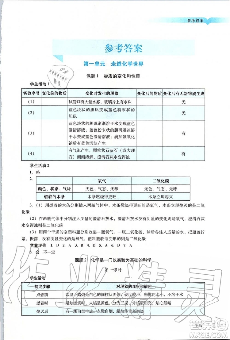 2019年陽光學(xué)業(yè)評價化學(xué)九年級上冊人教版參考答案