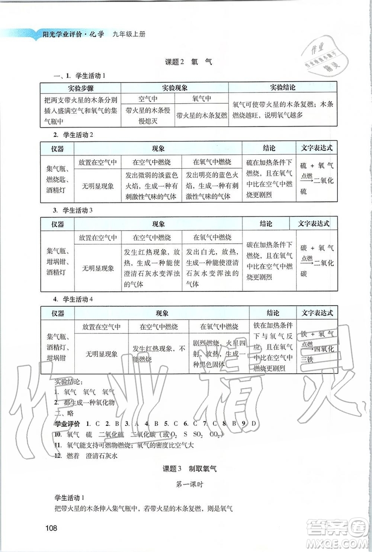 2019年陽光學(xué)業(yè)評價化學(xué)九年級上冊人教版參考答案