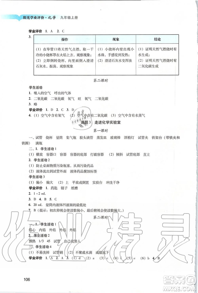 2019年陽光學(xué)業(yè)評價化學(xué)九年級上冊人教版參考答案