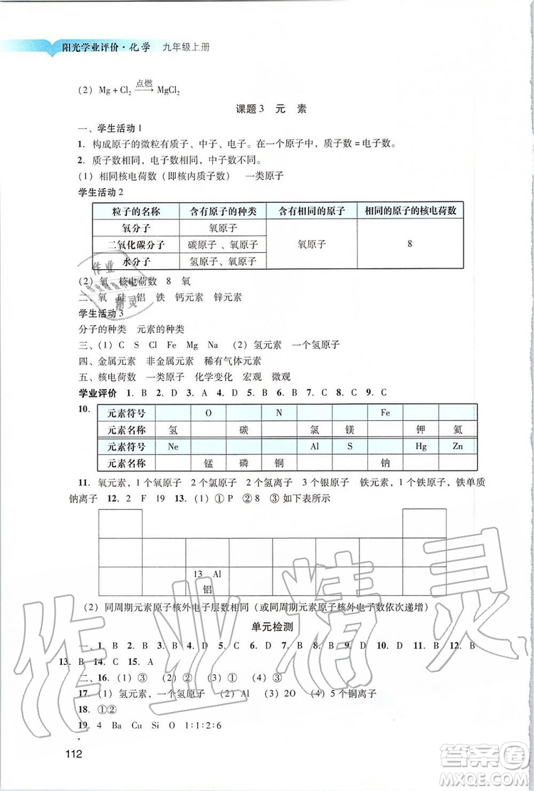 2019年陽光學(xué)業(yè)評價化學(xué)九年級上冊人教版參考答案