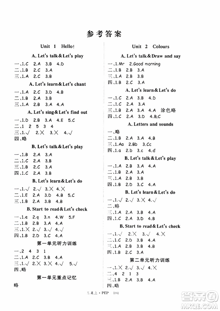 2019秋優(yōu)翼叢書學練優(yōu)小學英語三年級上PEP人教版參考答案