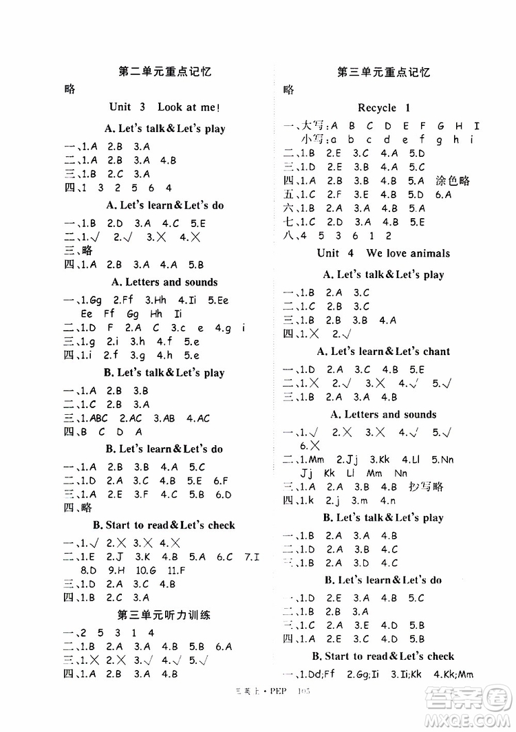 2019秋優(yōu)翼叢書學練優(yōu)小學英語三年級上PEP人教版參考答案
