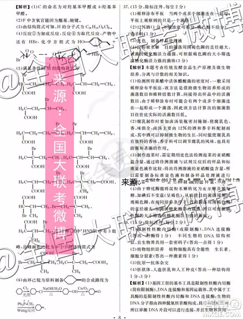 四省八校2020屆高三第一次教學質量檢測考試理科綜合答案