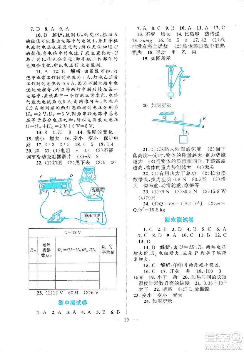 江蘇人民出版社2019啟東黃岡作業(yè)本九年級(jí)物理上冊(cè)江蘇科技教材適用答案