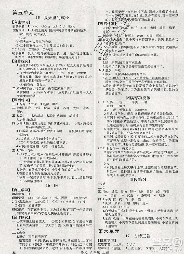 2019年秋人教版河北專版同步導(dǎo)學(xué)案課時練六年級語文上冊答案