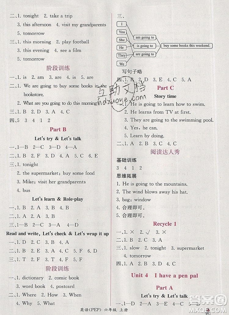 2019年秋人教版同步導(dǎo)學(xué)案課時練六年級英語上冊答案