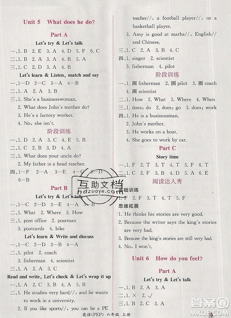 2019年秋人教版同步導(dǎo)學(xué)案課時練六年級英語上冊答案