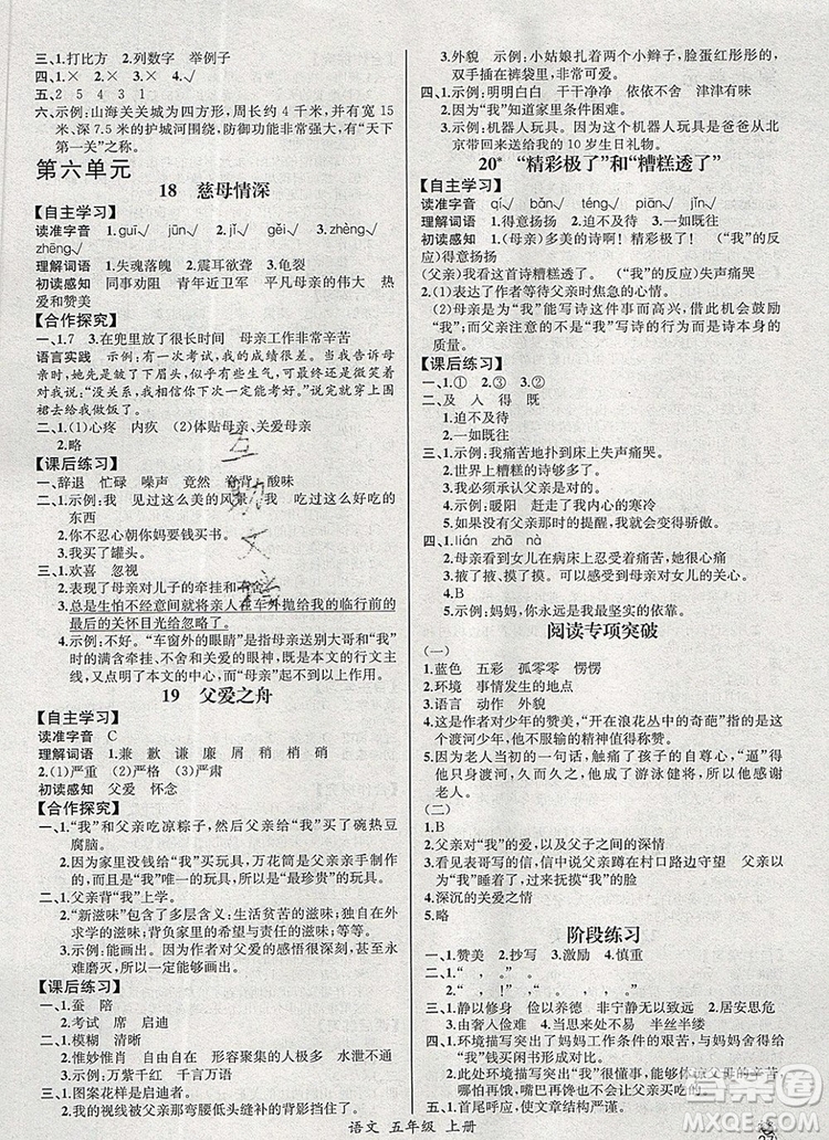 2019年秋人教版河北專版同步導學案課時練五年級語文上冊答案