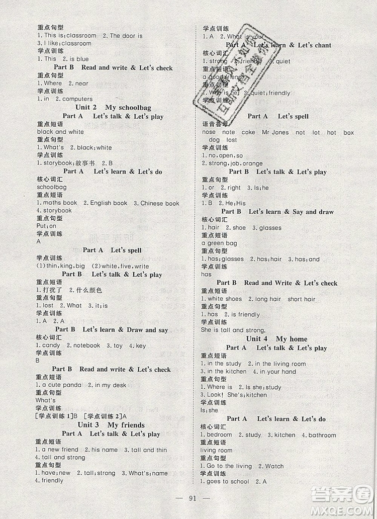 2019年351高效課堂導(dǎo)學(xué)案四年級(jí)英語上冊(cè)人教版答案