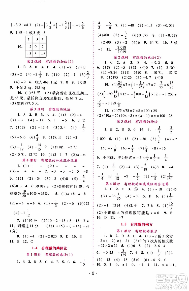 2019年新課程學習輔導數(shù)學七年級上冊人教版參考答案