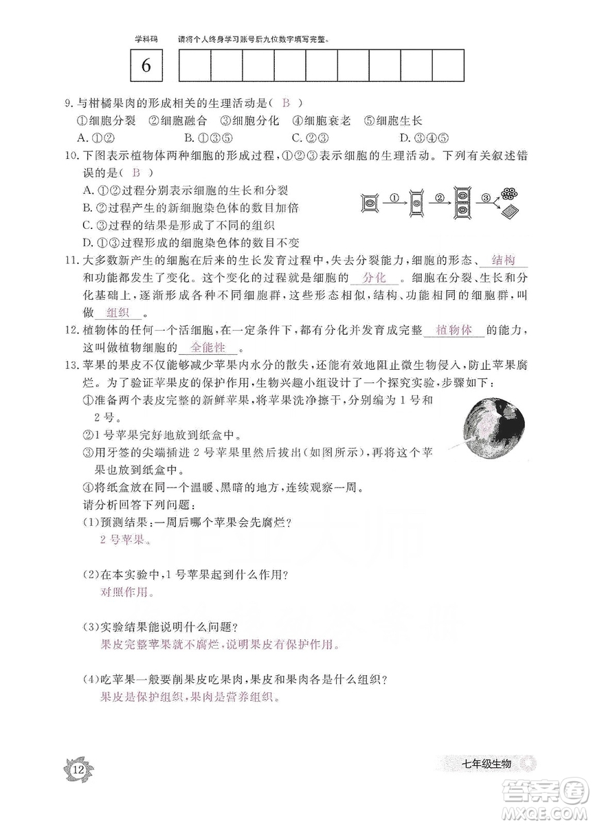 江西教育出版社2019生物作業(yè)本七年級(jí)上冊(cè)河北少兒版答案