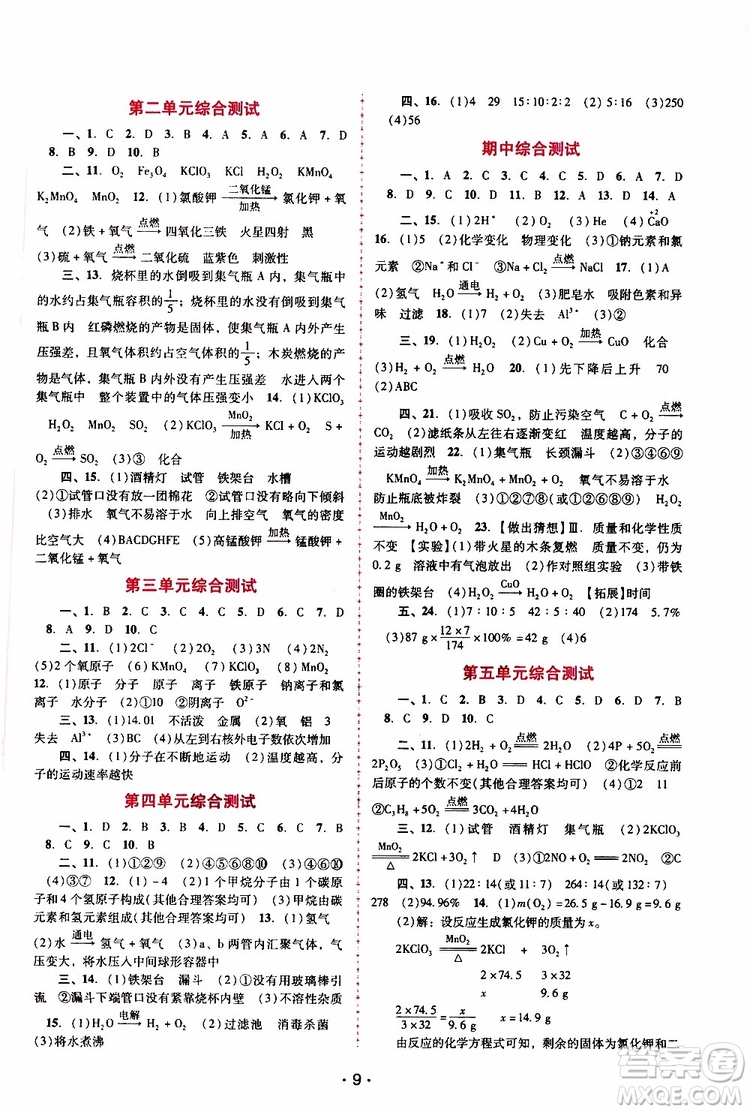 2019年新課程學習輔導化學九年級上冊人教版參考答案