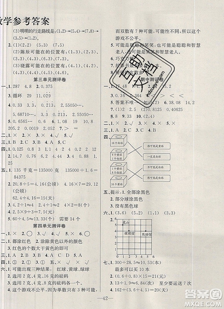 2019年人教版英才計劃同步課時高效訓(xùn)練五年級數(shù)學(xué)上冊答案