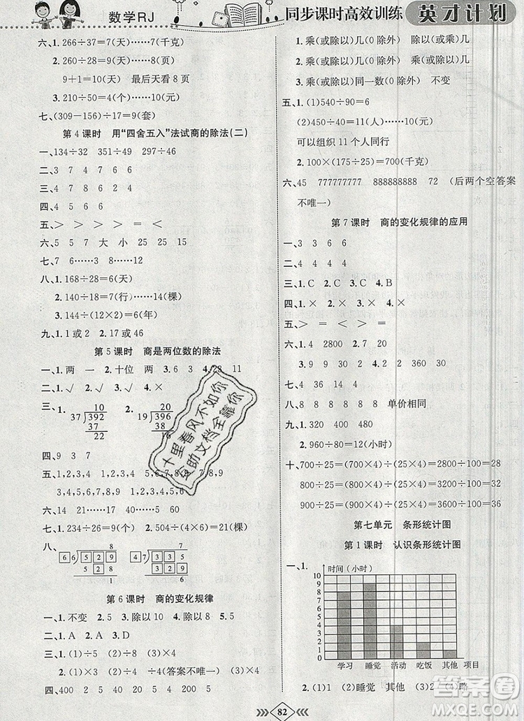 2019年人教版英才計劃同步課時高效訓(xùn)練四年級數(shù)學(xué)上冊答案