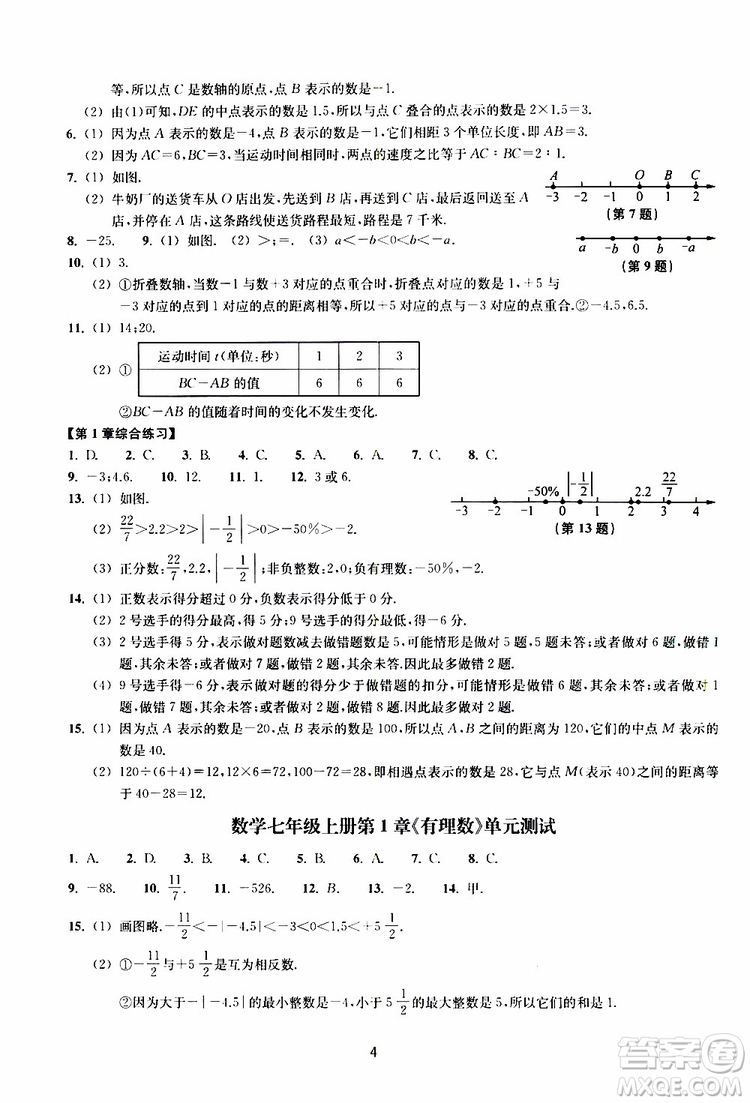 2019年提升版同步練習數(shù)學七年級上冊浙教版參考答案