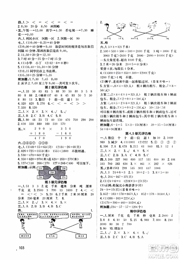 2019年英才小狀元同步優(yōu)化練與測三年級上冊數(shù)學RJ人教版參考答案