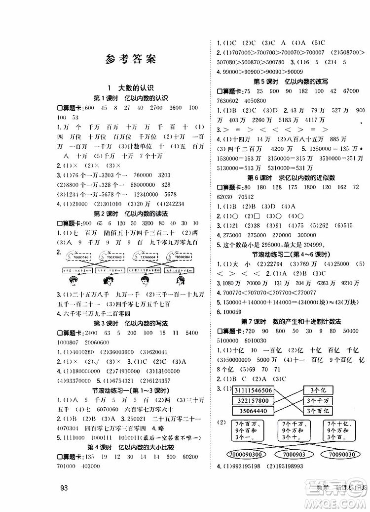 2019年英才小狀元同步優(yōu)化練與測四年級上冊數(shù)學(xué)RJ人教版參考答案