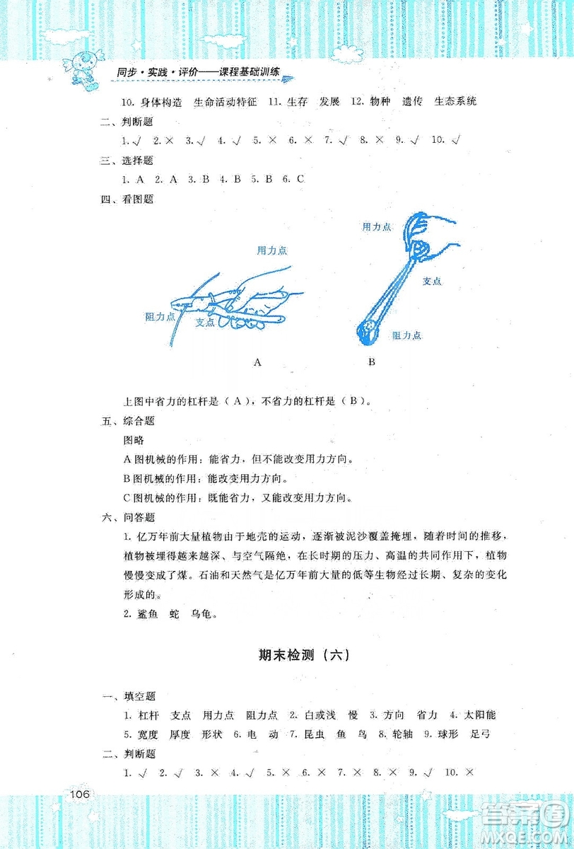 湖南少年兒童出版社2019課程基礎(chǔ)訓(xùn)練六年級(jí)上冊科學(xué)教科版答案