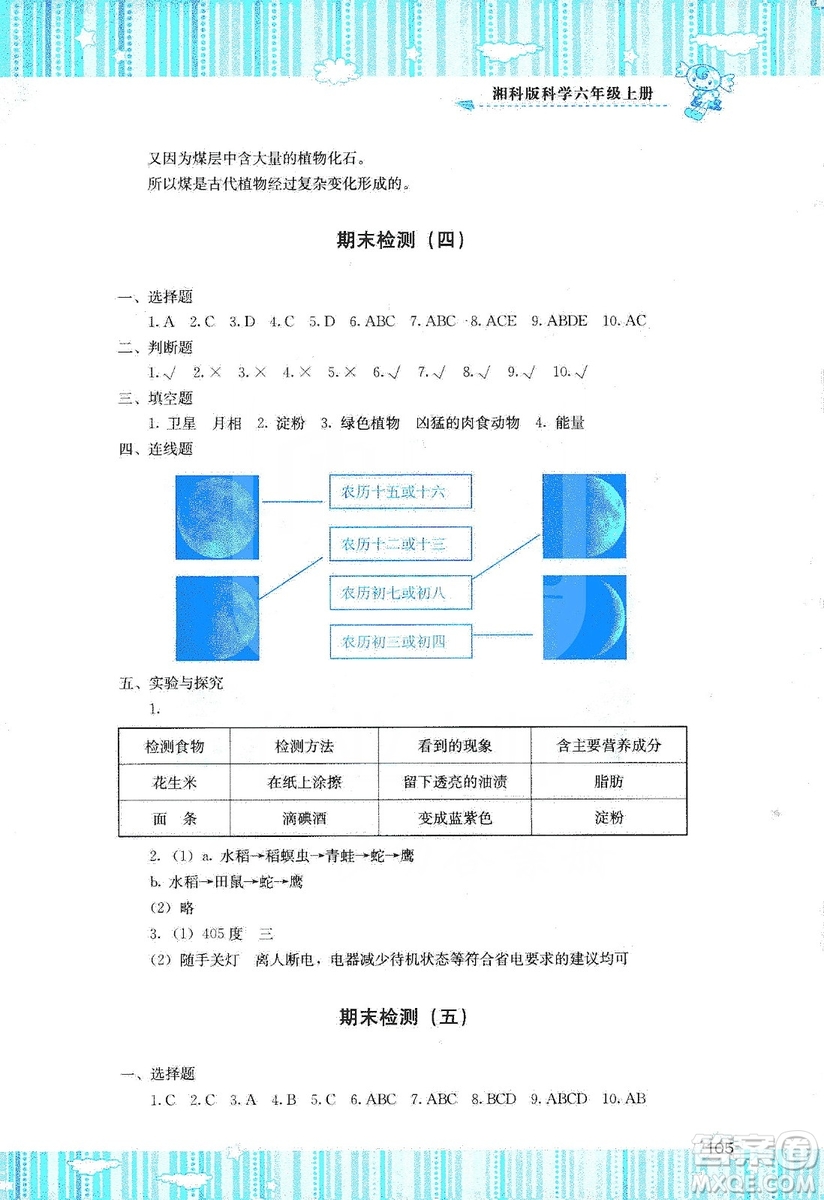 湖南少年兒童出版社2019課程基礎(chǔ)訓練六年級上冊科學湘科版答案