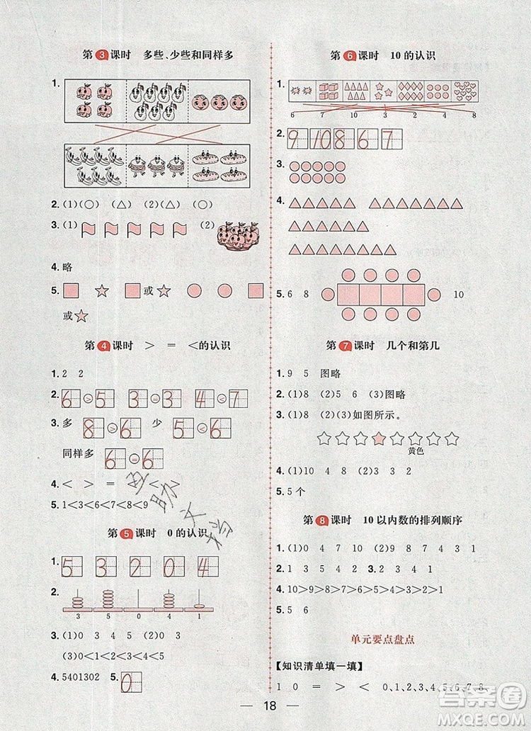 南方出版社2019年核心素養(yǎng)天天練一年級數(shù)學(xué)上冊冀教版答案