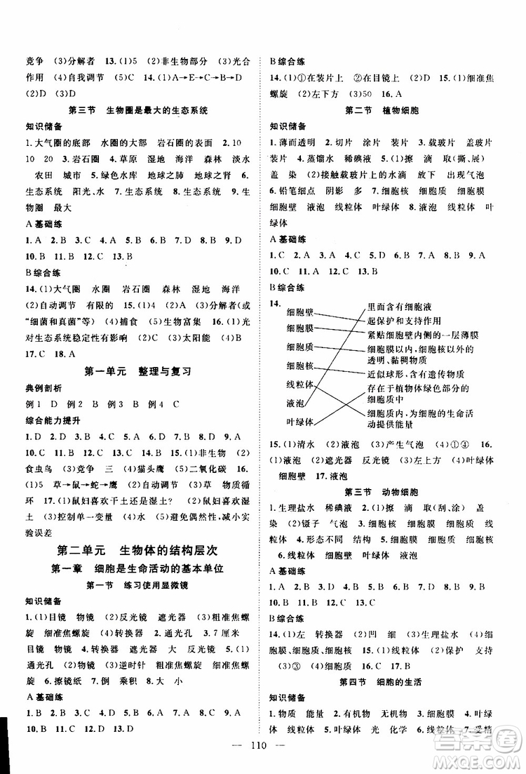 智慧萬羽2019年優(yōu)質(zhì)課堂導(dǎo)學(xué)案生物七年級(jí)上冊(cè)人教版參考答案