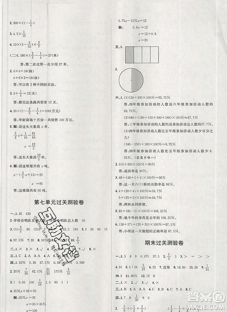 2019秋季陽光計劃第一步六年級數(shù)學上冊青島版答案