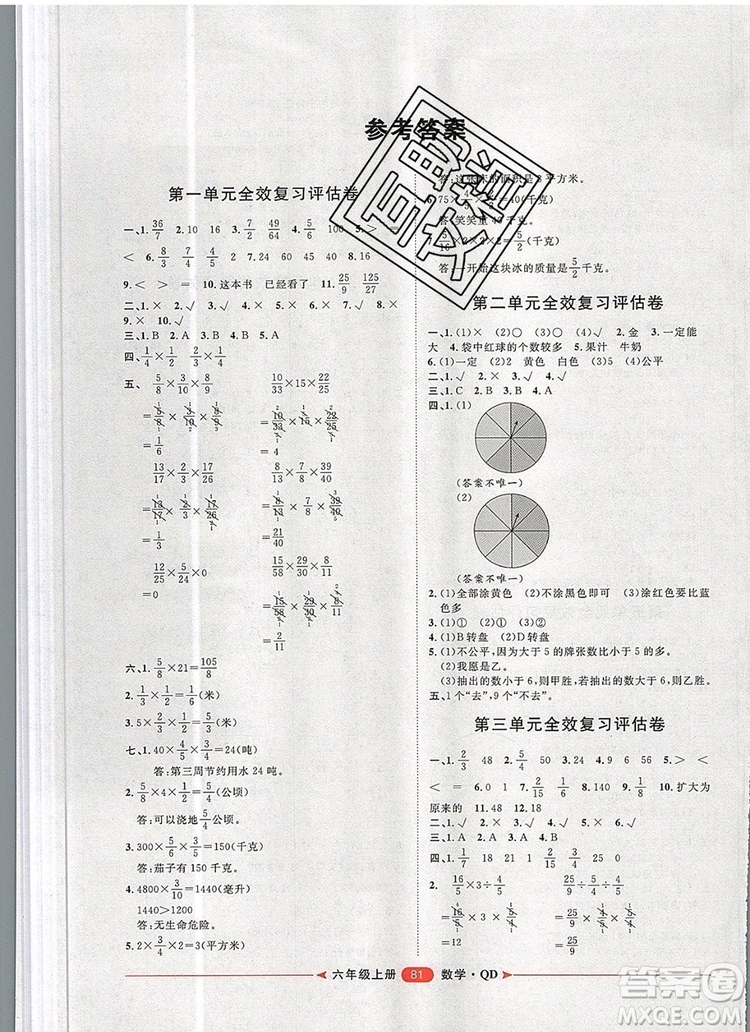 2019秋季陽光計劃第二步六年級數(shù)學(xué)上冊青島版答案