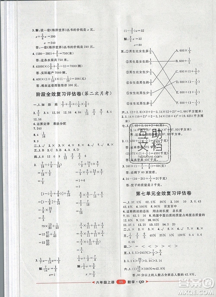 2019秋季陽光計劃第二步六年級數(shù)學(xué)上冊青島版答案