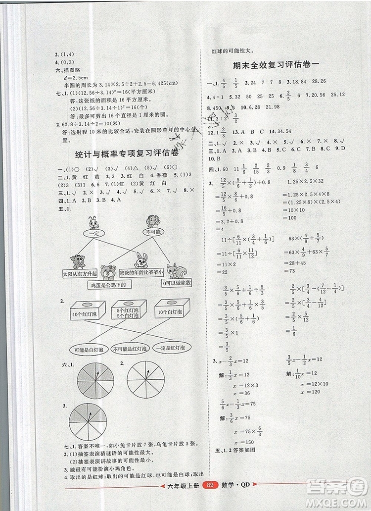 2019秋季陽光計劃第二步六年級數(shù)學(xué)上冊青島版答案