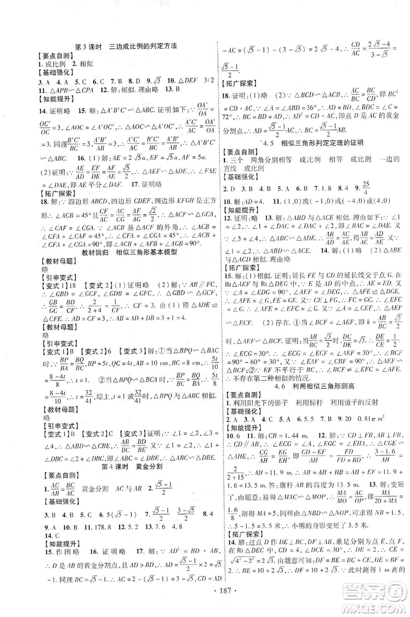 寧夏人民教育出版社2019暢優(yōu)新課堂九年級數(shù)學上冊北師大BS版答案