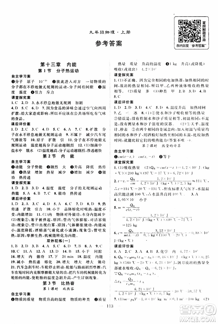 智慧萬羽2019年優(yōu)質(zhì)課堂導(dǎo)學(xué)案物理九年級(jí)上冊(cè)人教版參考答案