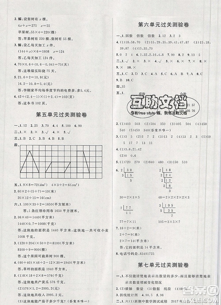 2019秋季陽(yáng)光計(jì)劃第一步五年級(jí)上冊(cè)數(shù)學(xué)青島版答案