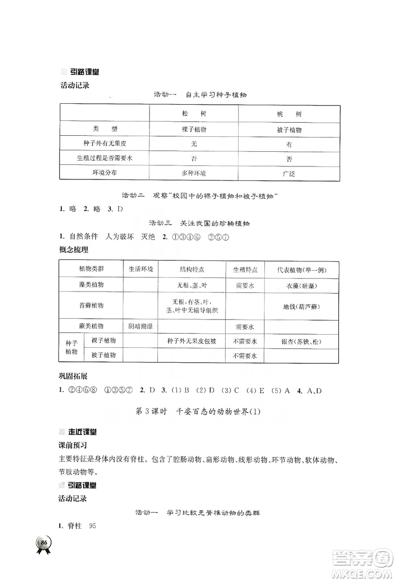 江蘇人民出版社2019伴你學(xué)八年級(jí)上冊(cè)生物學(xué)蘇科版答案