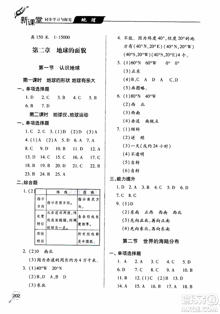 2019年新課堂同步學(xué)習(xí)與探究地理七年級上學(xué)期人教版參考答案