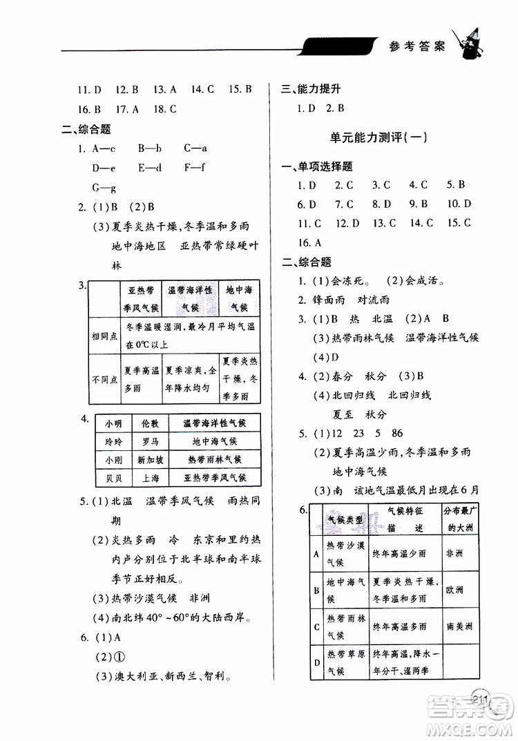 2019年新課堂同步學(xué)習(xí)與探究地理七年級上學(xué)期人教版參考答案