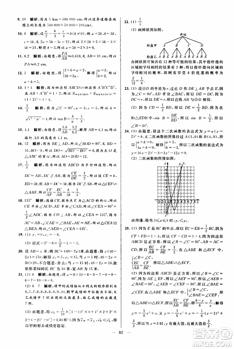 2019年亮點(diǎn)給力大試卷數(shù)學(xué)九年級(jí)上冊(cè)人教版參考答案