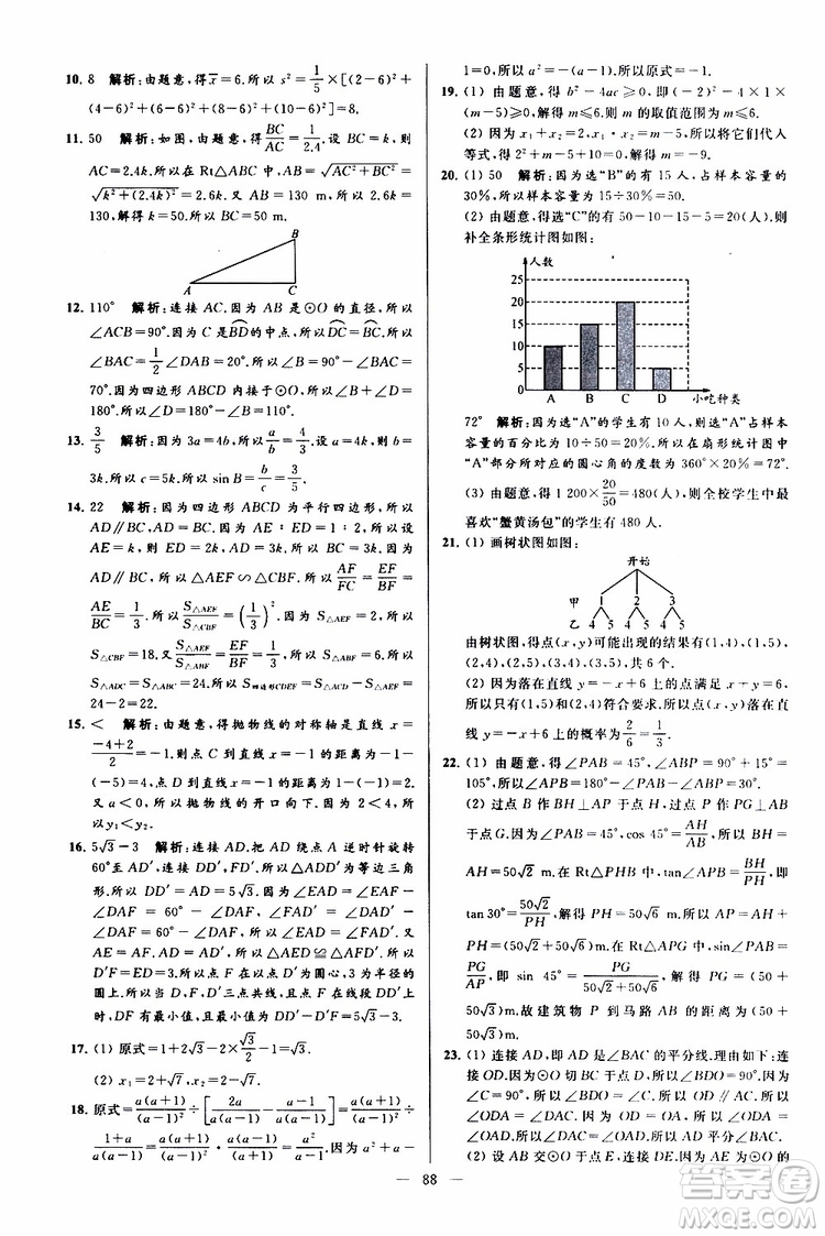2019年亮點(diǎn)給力大試卷數(shù)學(xué)九年級(jí)上冊(cè)人教版參考答案