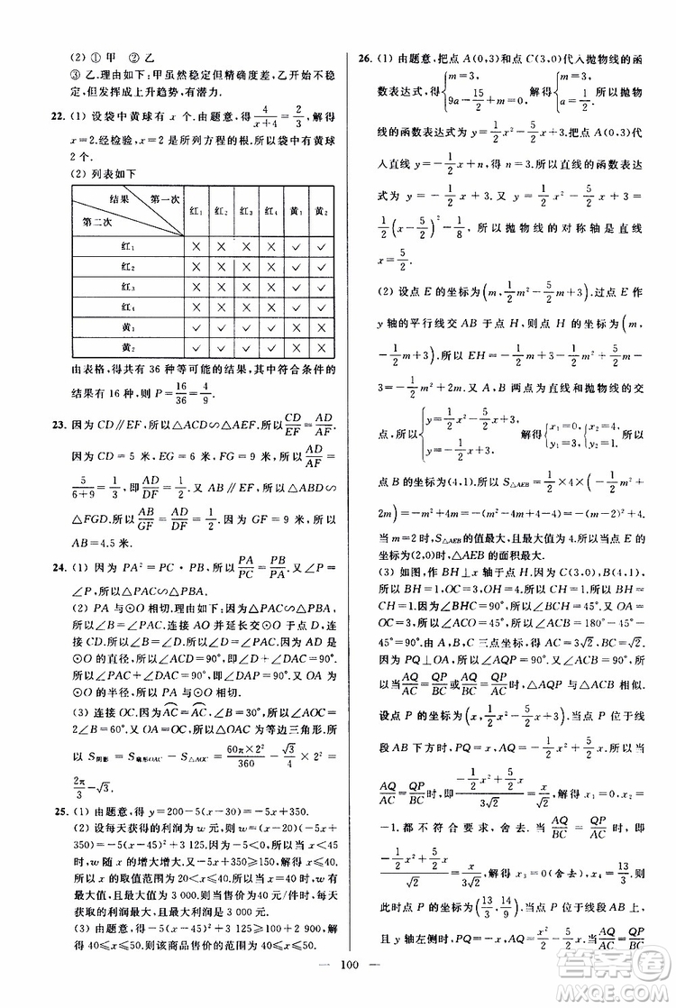 2019年亮點(diǎn)給力大試卷數(shù)學(xué)九年級(jí)上冊(cè)人教版參考答案