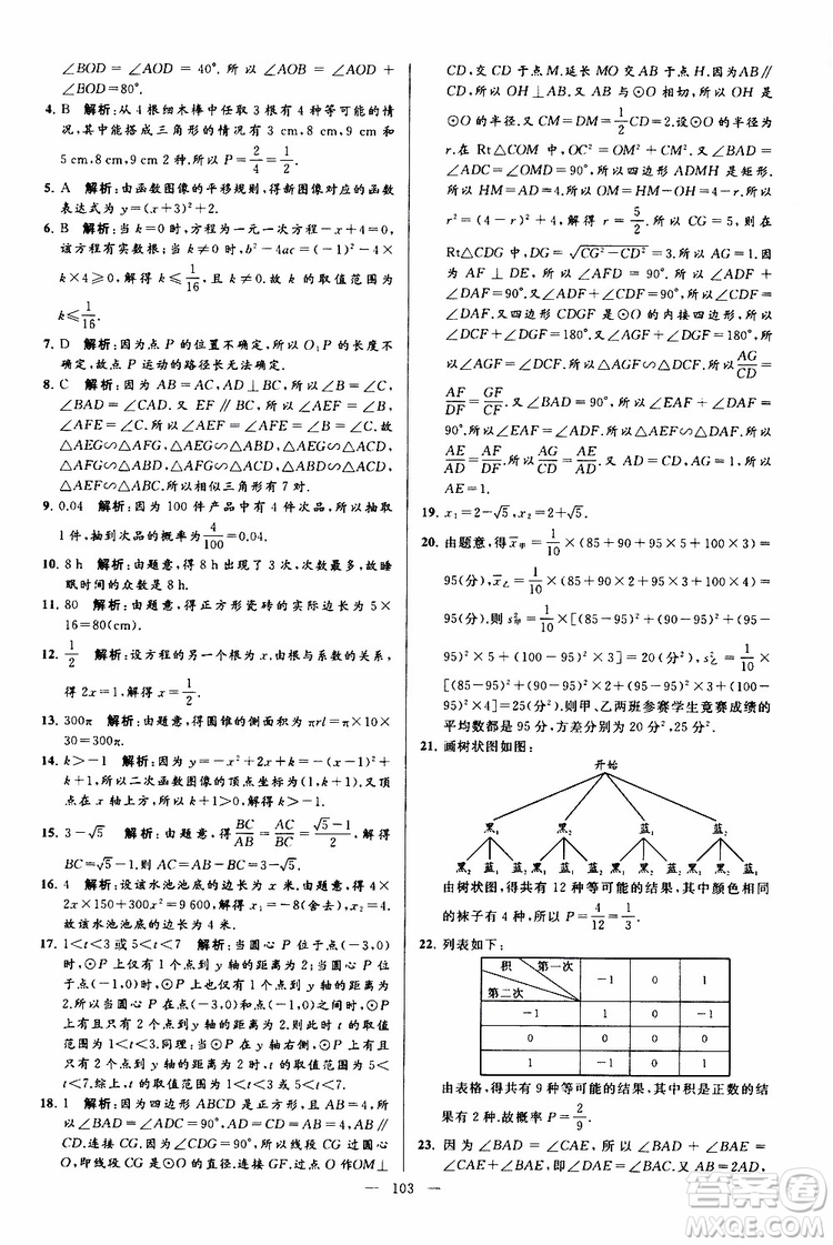2019年亮點(diǎn)給力大試卷數(shù)學(xué)九年級(jí)上冊(cè)人教版參考答案