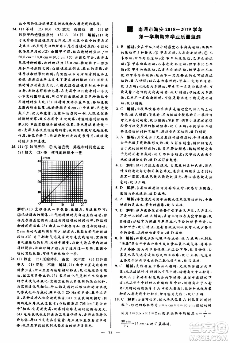 2019年亮點給力大試卷物理八年級上冊人教版參考答案