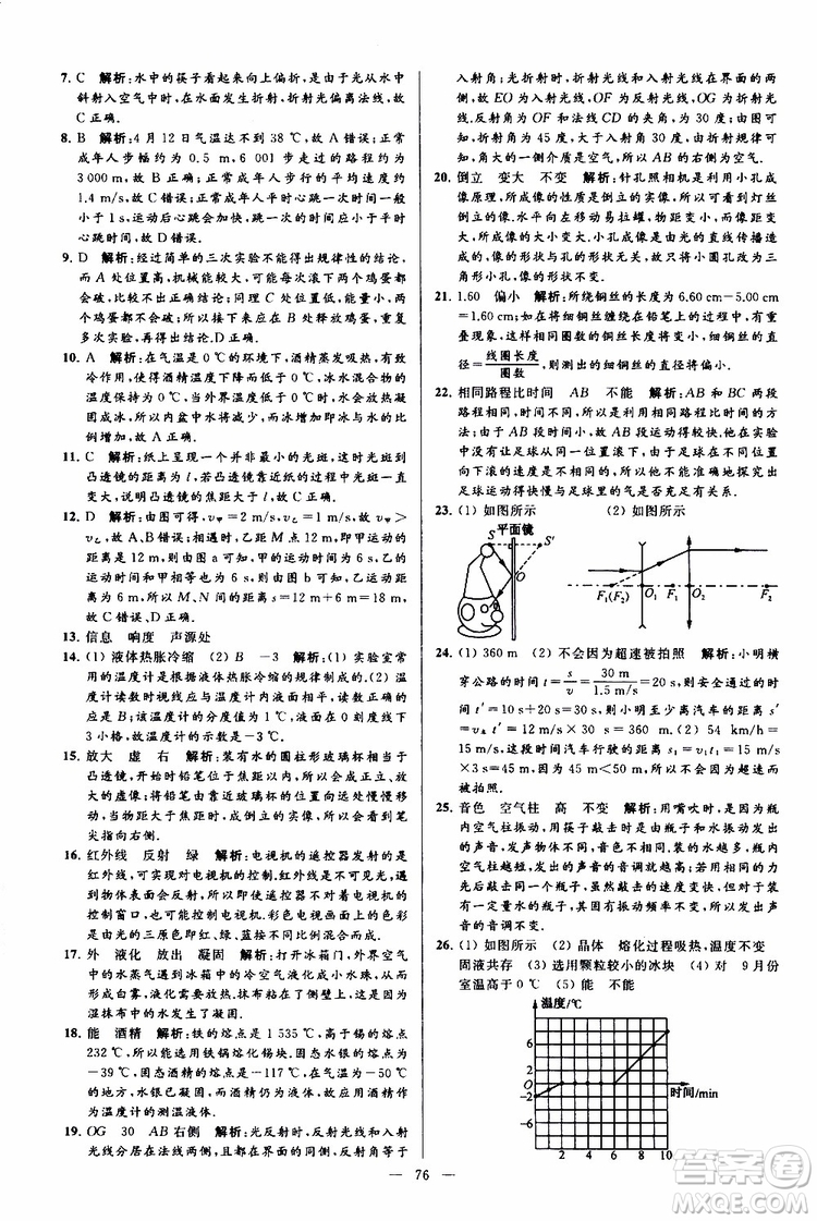 2019年亮點給力大試卷物理八年級上冊人教版參考答案